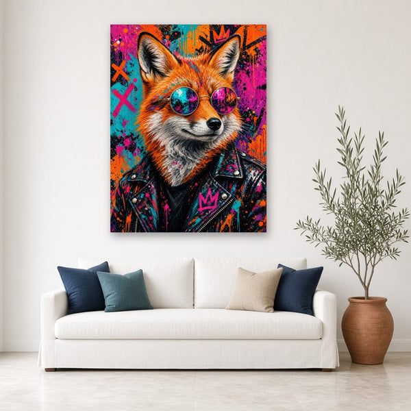 Toile Renard Rock accrochée dans un salon au mur blanc, au-dessus d'un canapé en lin blanc avec coussins bleu marine, turquoise et beige et olivier en pot de terre cuite