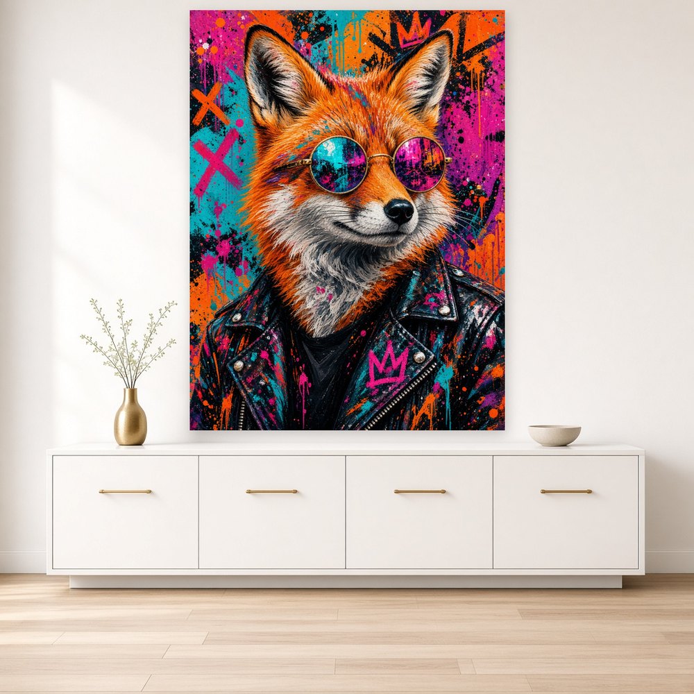 Toile Renard Rock accrochée dans un salon aux murs crème, au-dessus d'un buffet blanc laqué