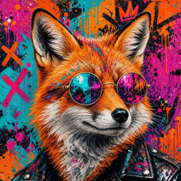 Toile Renard Rock seule : renard roux réaliste avec lunettes rondes miroir rose et veste en cuir noir cloutée sur un fond de graffitis orange, rose et turquoise