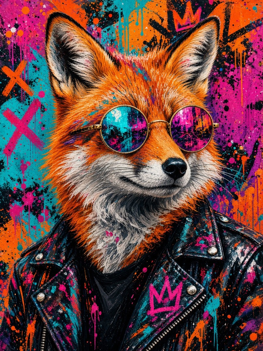 Toile Renard Rock seule : renard roux réaliste avec lunettes rondes miroir rose et veste en cuir noir cloutée sur un fond de graffitis orange, rose et turquoise