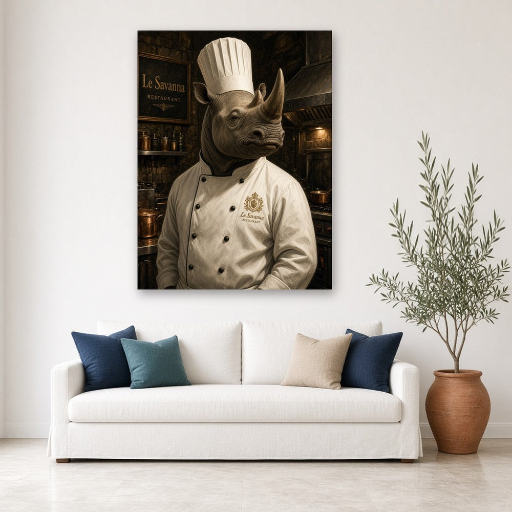 Toile Rhinocéros Chef Cuisinier Costume accrochée dans un salon au mur blanc, au-dessus d'un canapé en lin blanc avec coussins bleu marine, turquoise et beige et olivier en pot de terre cuite