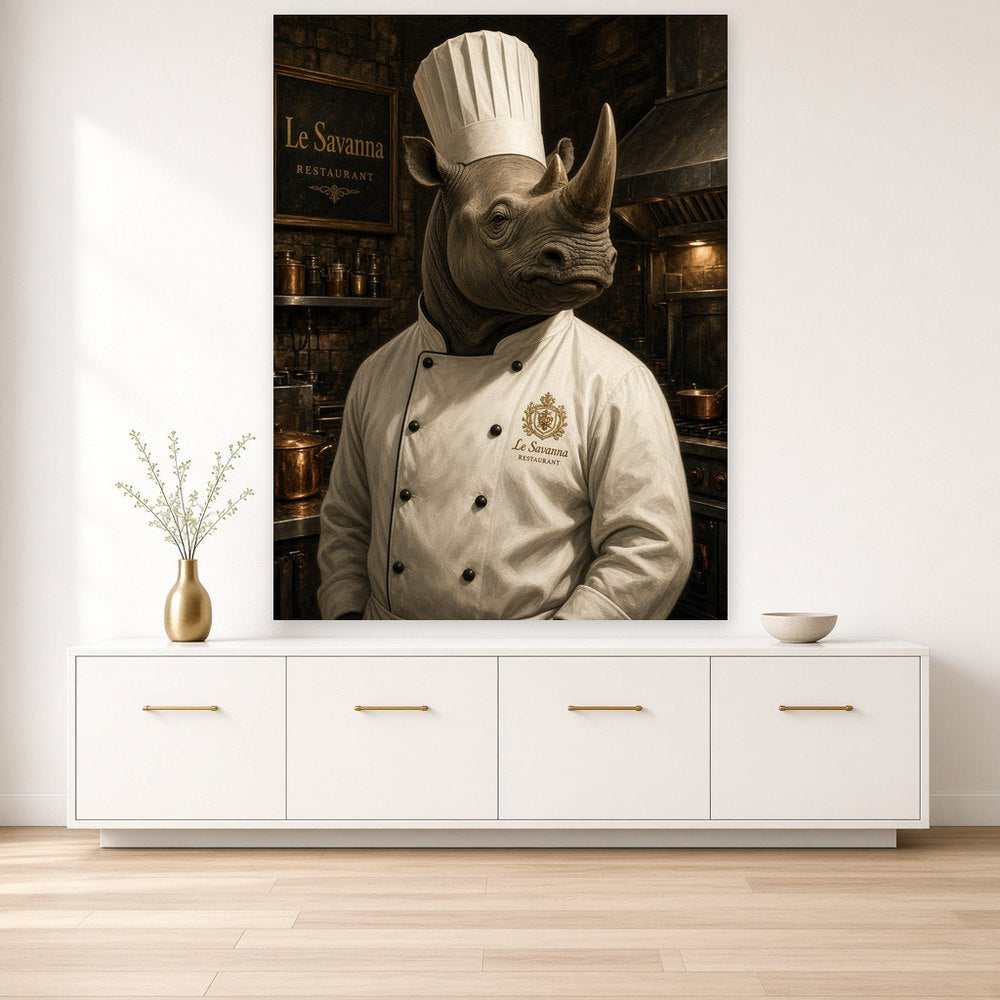 Toile Rhinocéros Chef Cuisinier Costume accrochée dans un salon aux murs crème, au-dessus d'un buffet blanc laqué
