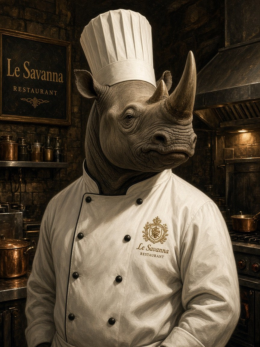 Toile Rhinocéros Chef Cuisinier Costume seule : rhinocéros en toque et veste de chef blanche dans une cuisine aux lumières dorées