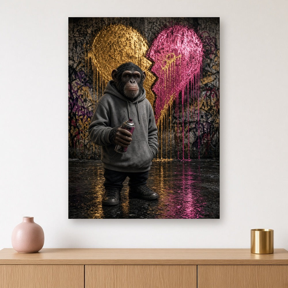 Toile Singe Graffeur Cœur Doré accrochée dans un salon blanc, au-dessus d'un meuble en chêne clair avec vase rose et photophore doré
