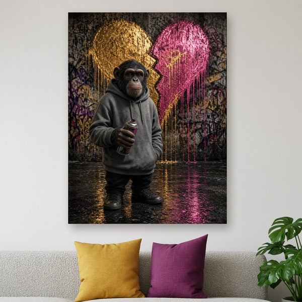 Toile Singe Graffeur Cœur Doré accrochée dans un salon gris clair, au-dessus d'un canapé en bouclette avec coussins moutarde et prune