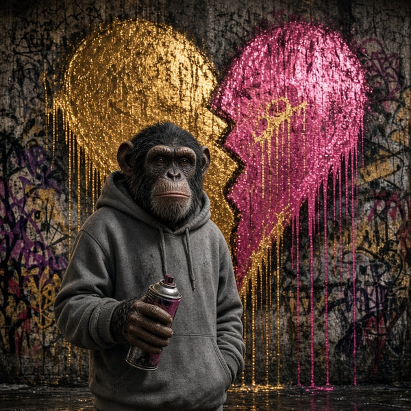 Toile Singe Graffeur Cœur Doré seule : chimpanzé réaliste en sweat à capuche, bombe à la main, devant un grand cœur or et rose qui coule sur un mur tagué