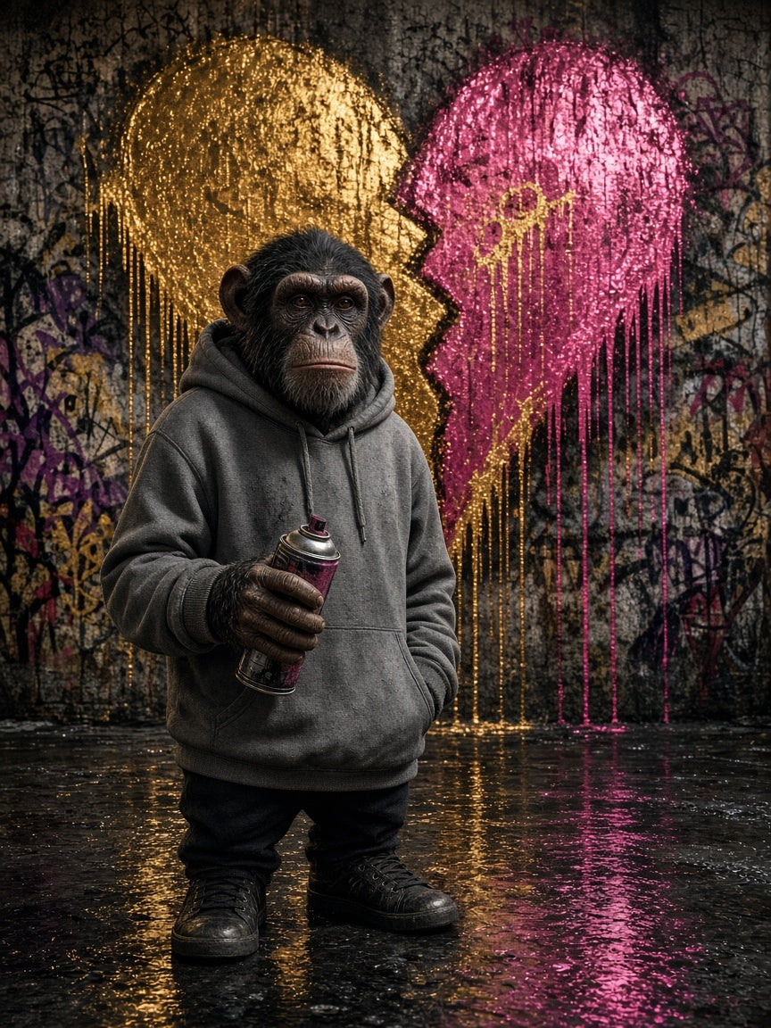 Toile Singe Graffeur Cœur Doré seule : chimpanzé réaliste en sweat à capuche, bombe à la main, devant un grand cœur or et rose qui coule sur un mur tagué