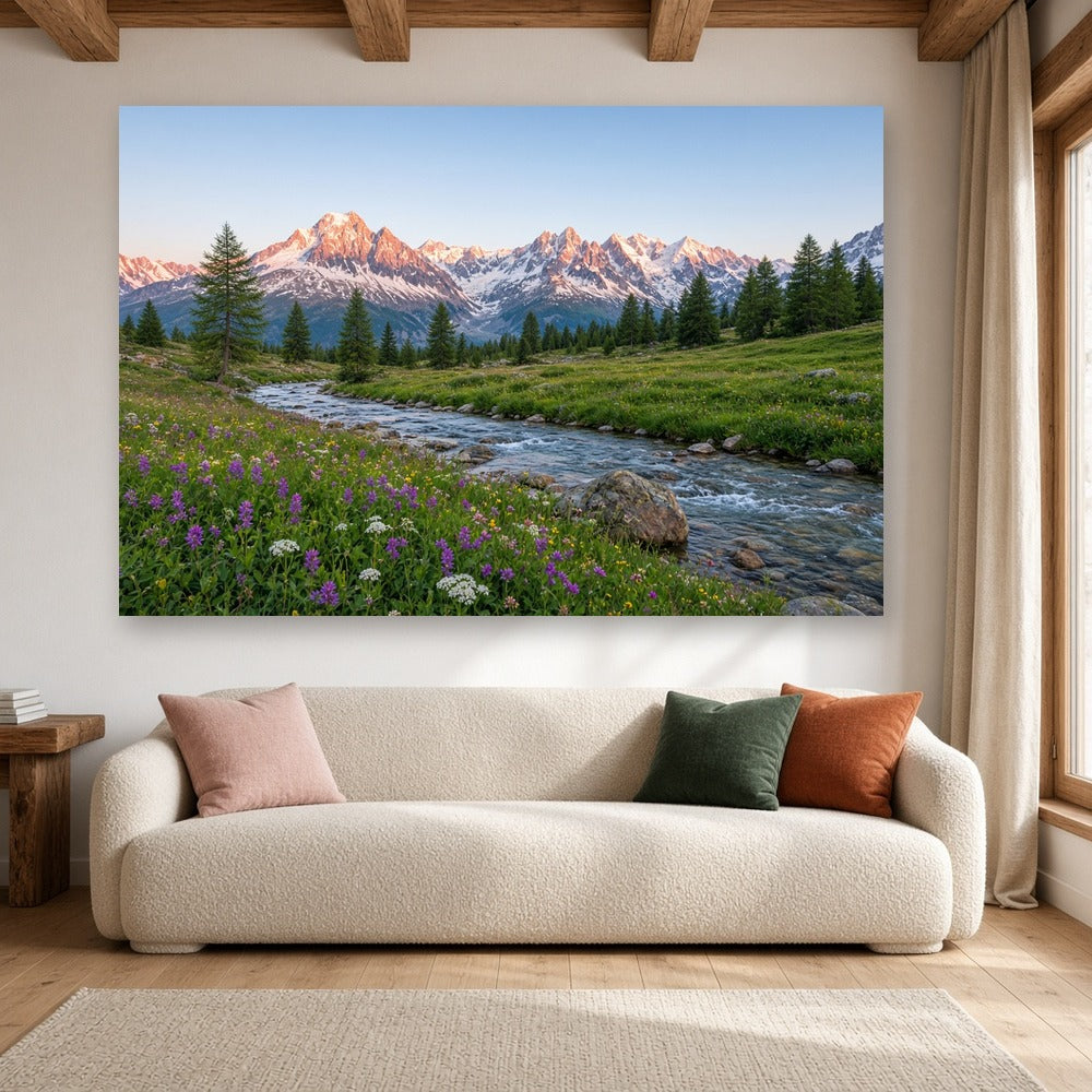 Toile Sommets Alpins au Lever du Soleil accrochée dans un salon style chalet, au-dessus d'un canapé bouclette crème avec coussins rose, vert forêt et orange