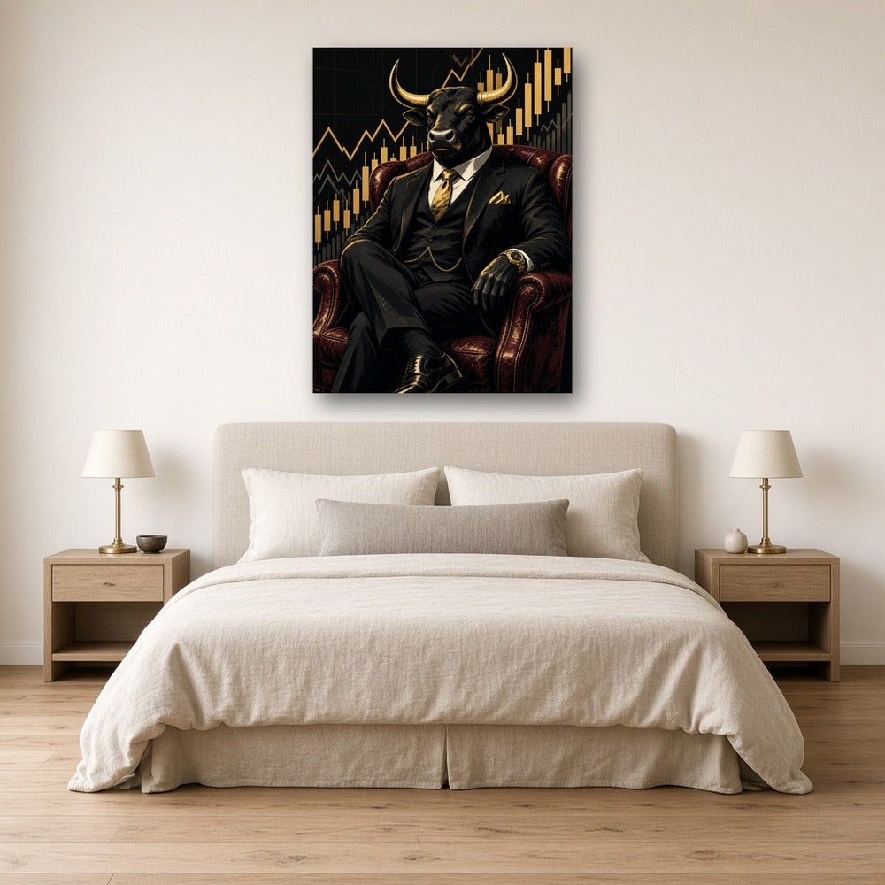Toile Taureau Wall Street Luxe accrochée au-dessus d'un lit dans une chambre aux tons naturels, taureau en costume noir et cravate dorée