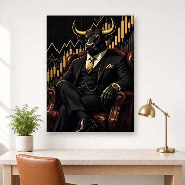 Toile Taureau Wall Street Luxe accrochée dans un bureau clair et lumineux, mur blanc, bureau en pierre claire, lampe en laiton et plante