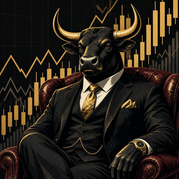 Toile Taureau Wall Street Luxe seule : taureau en costume trois-pièces assis dans un fauteuil club bordeaux devant des graphiques boursiers
