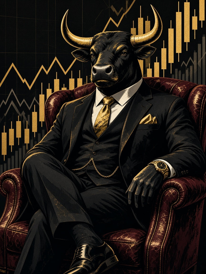 Toile Taureau Wall Street Luxe seule : taureau en costume trois-pièces assis dans un fauteuil club bordeaux devant des graphiques boursiers