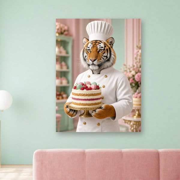Toile Tigre Chef Pâtissier Costume accrochée dans un salon au mur vert menthe, au-dessus d'un canapé en velours rose