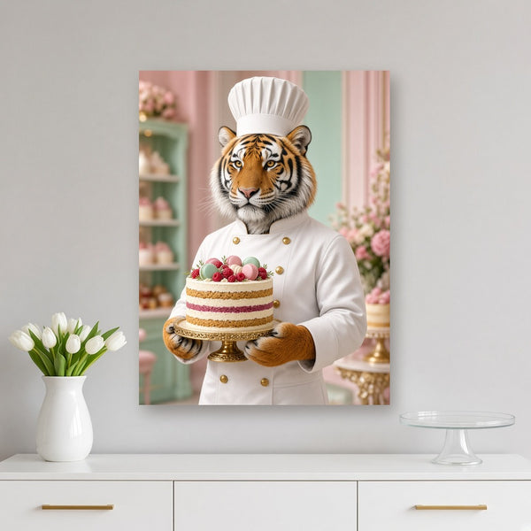 Toile Tigre Chef Pâtissier Costume accrochée dans une salle à manger au mur gris clair, au-dessus d'un buffet laqué blanc