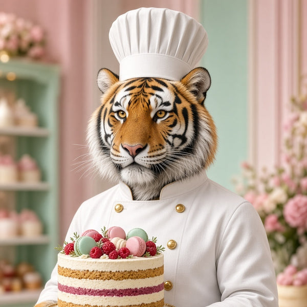 Toile Tigre Chef Pâtissier Costume seule : tigre réaliste en veste et toque de chef présentant un gâteau aux framboises et macarons