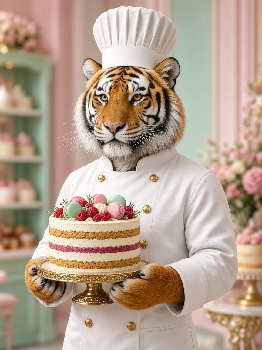 Toile Tigre Chef Pâtissier Costume seule : tigre réaliste en veste et toque de chef présentant un gâteau aux framboises et macarons