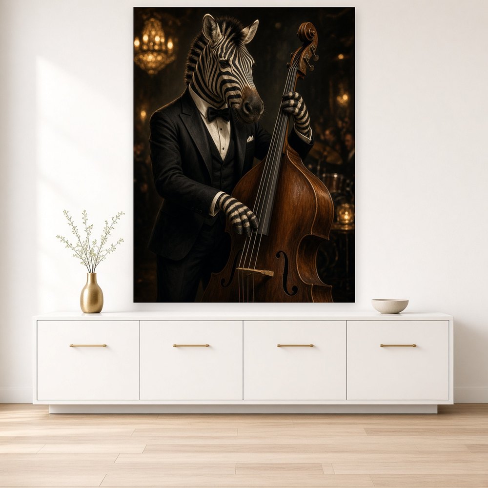 Toile Zèbre Contrebassiste accrochée dans un salon aux murs crème, au-dessus d'un buffet blanc laqué