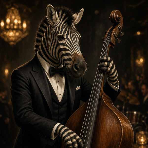 Toile Zèbre Contrebassiste seule : zèbre réaliste en smoking noir et nœud papillon jouant de la contrebasse dans un club de jazz aux lumières dorées