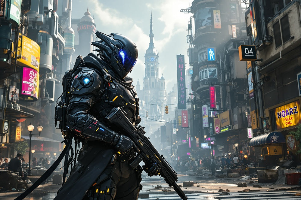 Touteladeco / Toile / Tableau / toile cyberpunk / tableau guerrier futuriste / déco gaming / art mural sci-fi / affiche néon urbaine