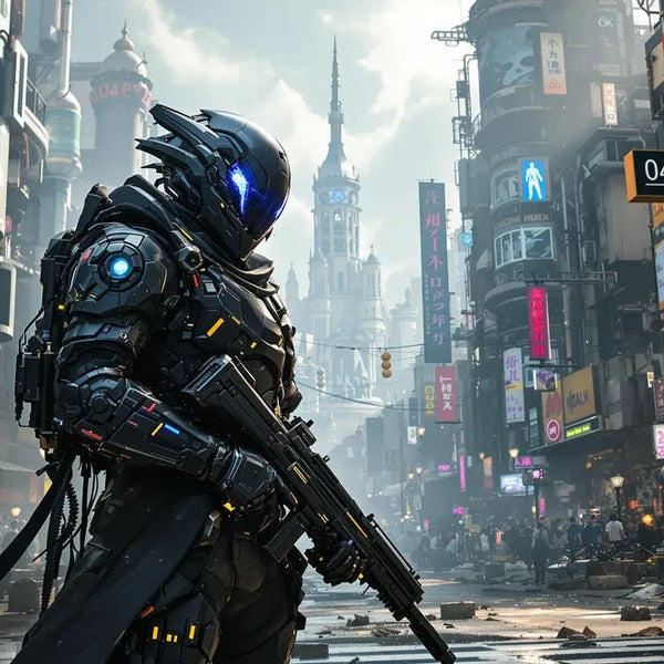 Touteladeco / Toile / Tableau / toile cyberpunk / tableau guerrier futuriste / déco gaming / art mural sci-fi / affiche néon urbaine