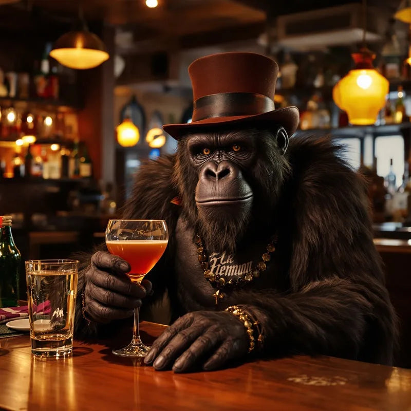Touteladeco / Toile / Tableau / tableau gorille / déco bar chic / animaux en costume / art mural gorille / street art luxe / décoration originale / toile gorille élégant / tableau singe bar / ambiance lounge