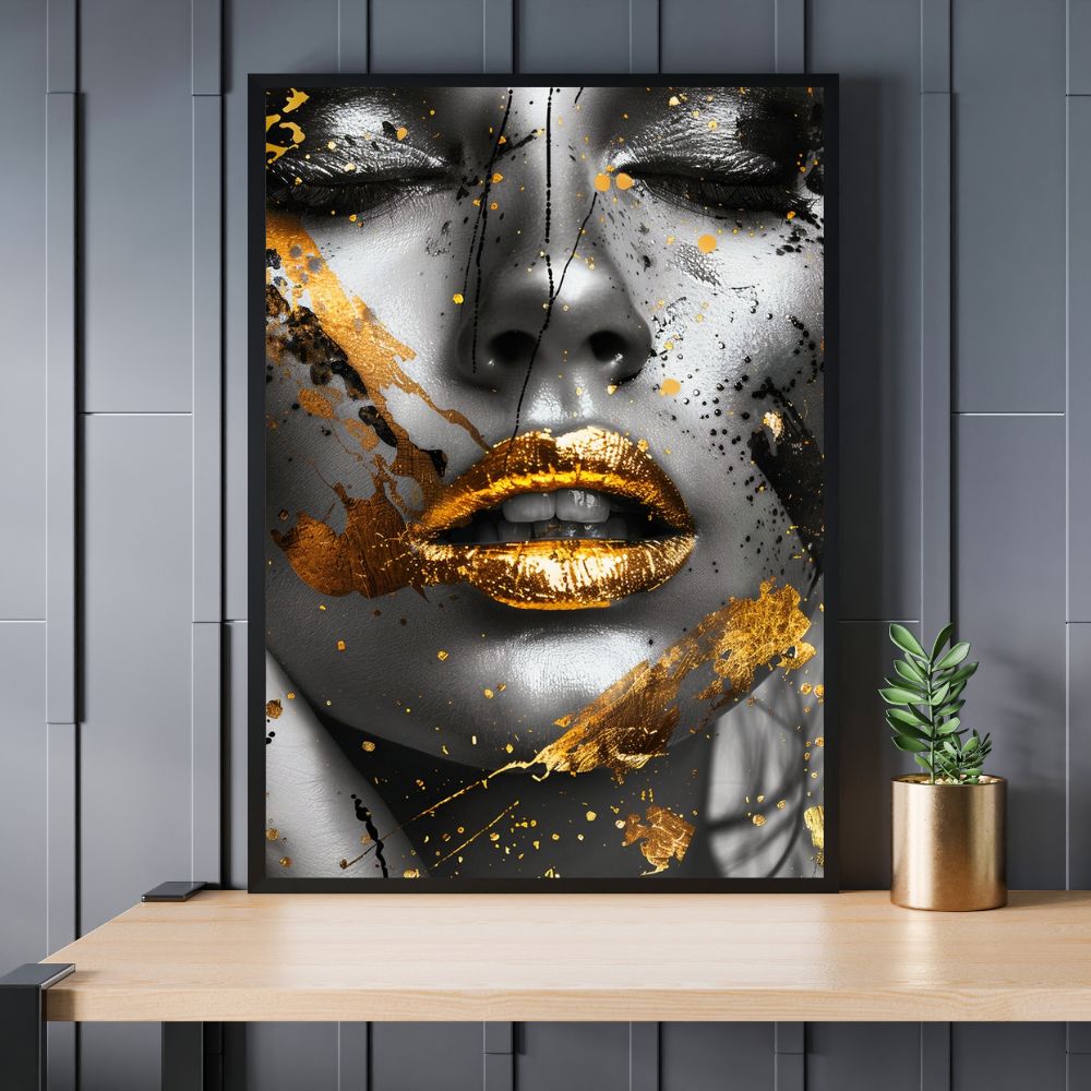 Touteladeco / Toile / Tableau / tableau femme / art glamour / visage doré / bouche or / décoration moderne / style luxe / art contemporain / mur design / tableau noir et or