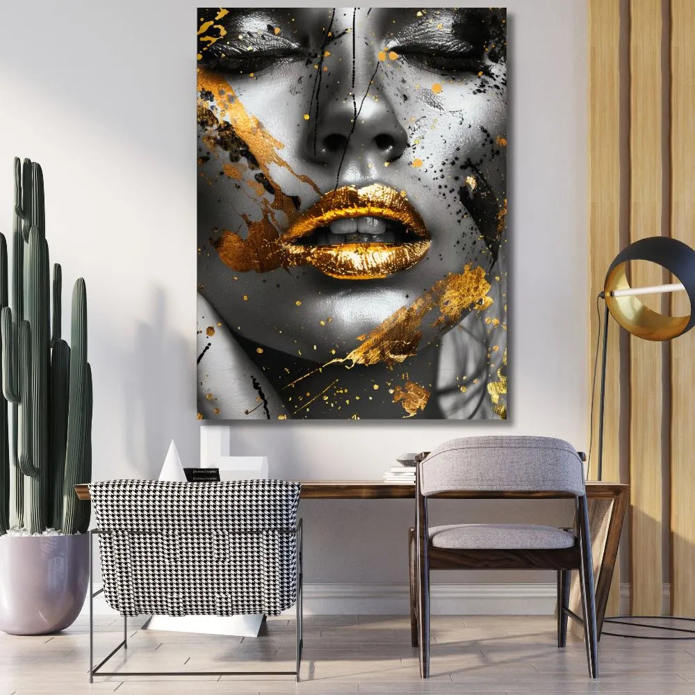 Touteladeco / Toile / Tableau / tableau femme / art glamour / visage doré / bouche or / décoration moderne / style luxe / art contemporain / mur design / tableau noir et or