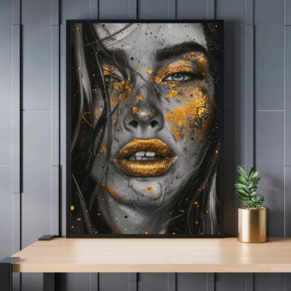 Touteladeco / Toile / Tableau / tableau femme / art urbain / visage doré / déco street art / portrait moderne / peinture or / style contemporain / déco murale chic