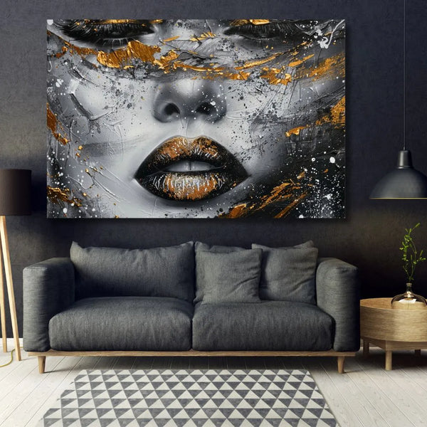 Touteladeco / Toile / Tableau / tableau femme / visage doré / art moderne / décoration murale / portrait féminin / toile élégante / style contemporain / œuvre mystérieuse