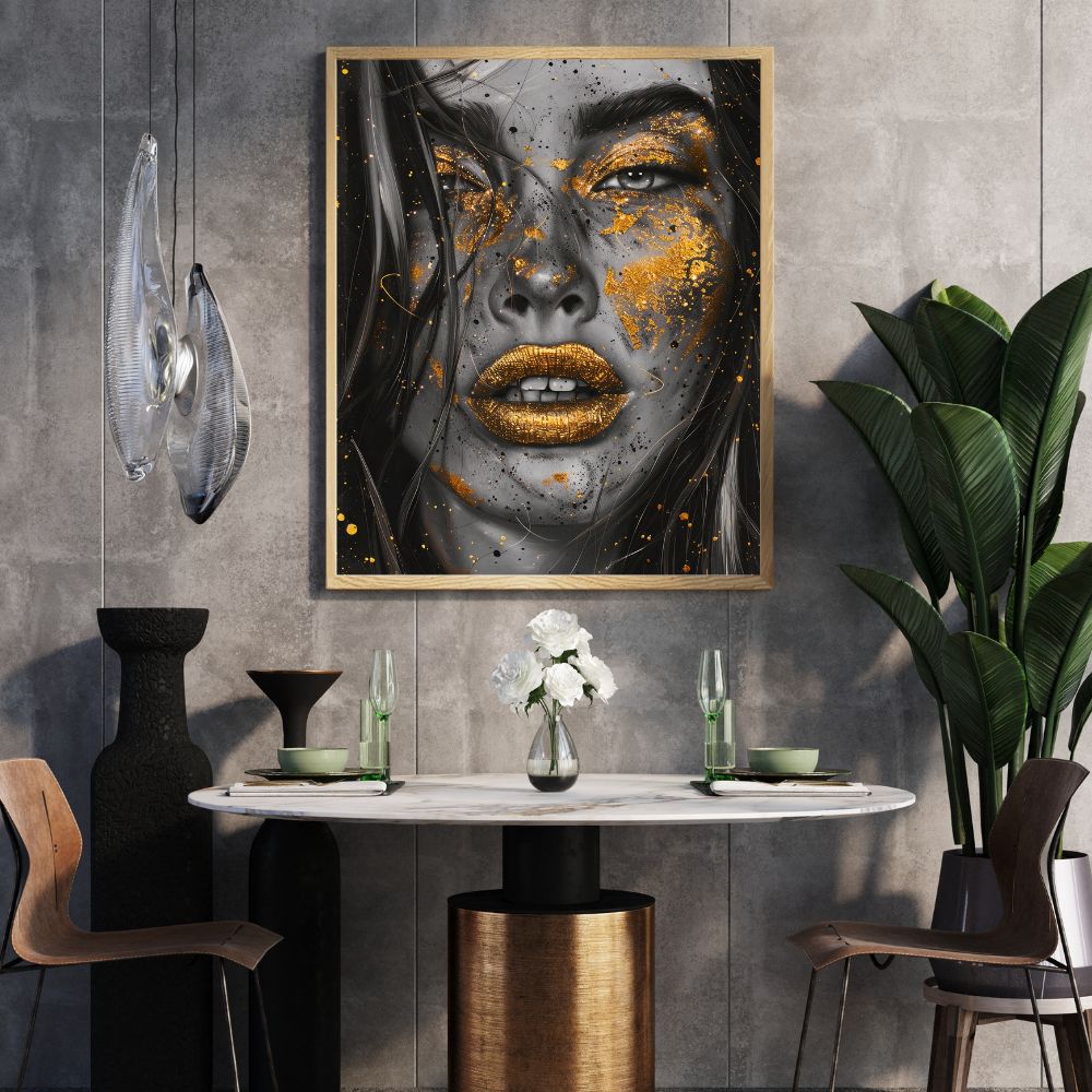 Touteladeco / Toile / Tableau / tableau femme / art urbain / visage doré / déco street art / portrait moderne / peinture or / style contemporain / déco murale chic