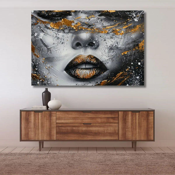 Touteladeco / Toile / Tableau / tableau femme / visage doré / art moderne / décoration murale / portrait féminin / toile élégante / style contemporain / œuvre mystérieuse