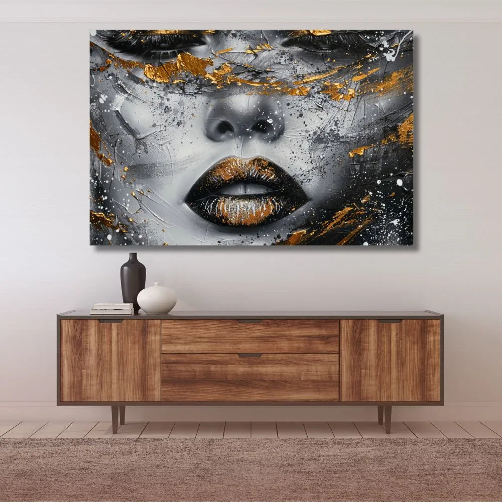 Touteladeco / Toile / Tableau / tableau femme / visage doré / art moderne / décoration murale / portrait féminin / toile élégante / style contemporain / œuvre mystérieuse