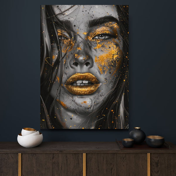 Touteladeco / Toile / Tableau / tableau femme / art urbain / visage doré / déco street art / portrait moderne / peinture or / style contemporain / déco murale chic