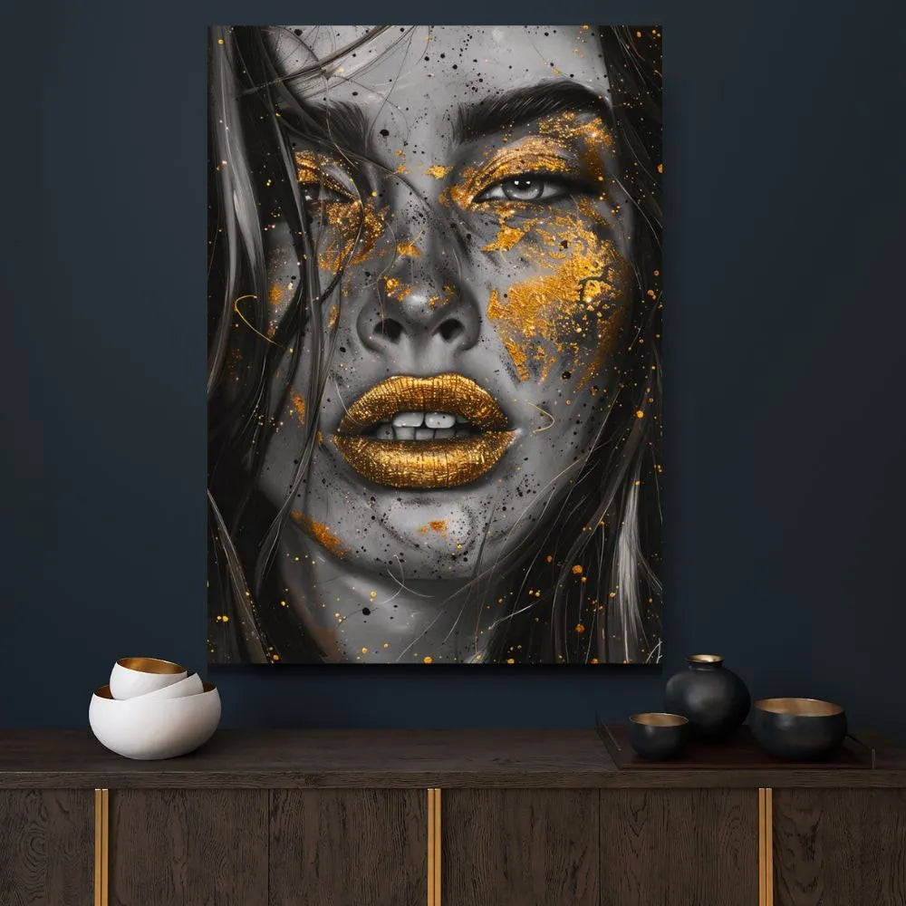 Touteladeco / Toile / Tableau / tableau femme / art urbain / visage doré / déco street art / portrait moderne / peinture or / style contemporain / déco murale chic