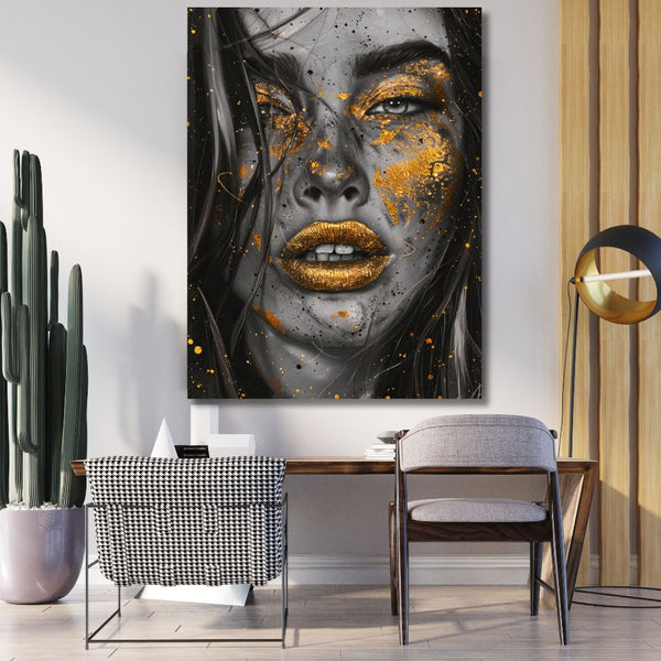 Touteladeco / Toile / Tableau / tableau femme / art urbain / visage doré / déco street art / portrait moderne / peinture or / style contemporain / déco murale chic