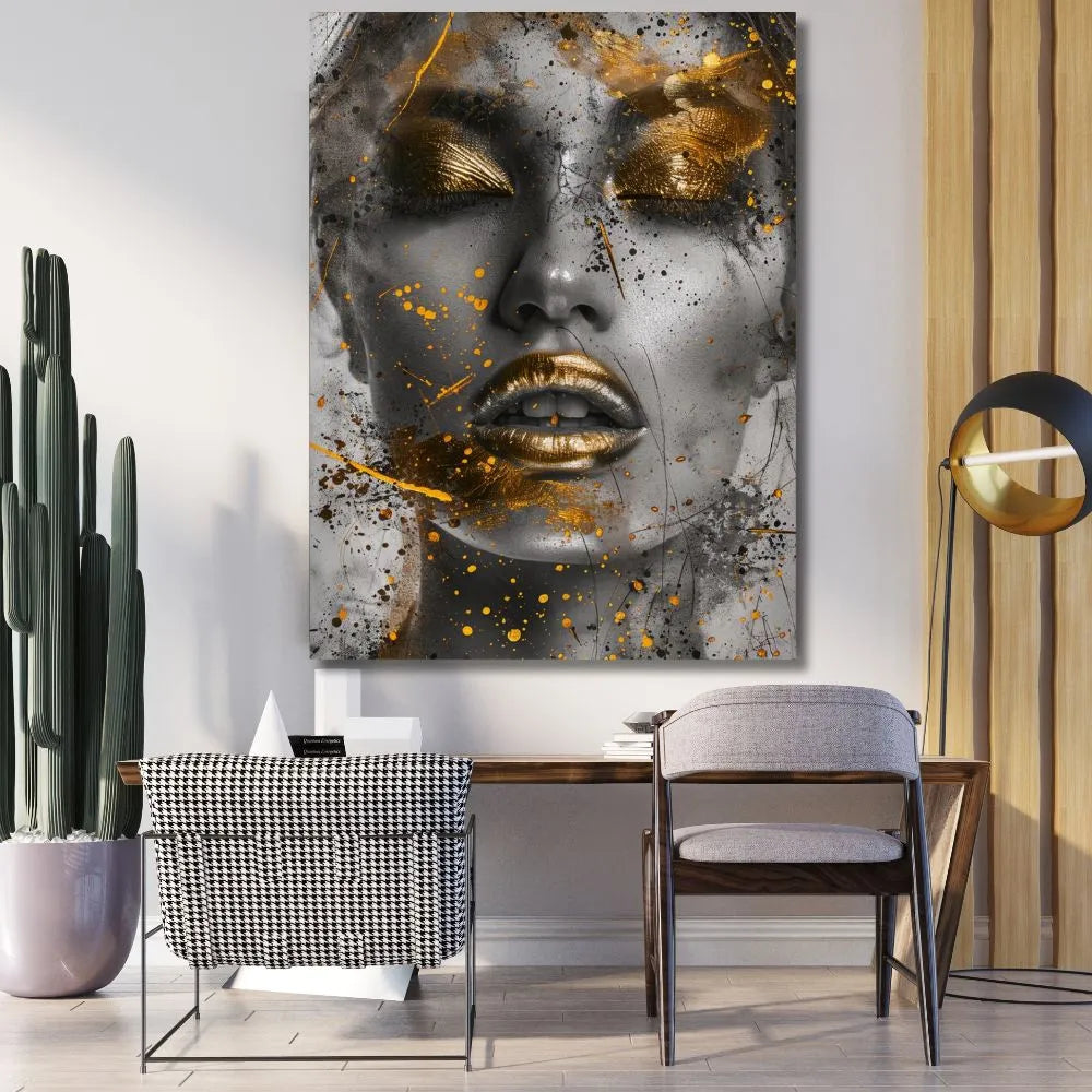Touteladeco / Toile / Tableau / tableau femme dorée / art contemporain noir et or / décoration glamour / portrait féminin moderne / toile murale élégante