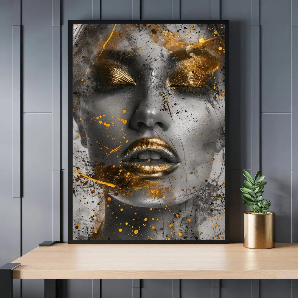 Touteladeco / Toile / Tableau / tableau femme dorée / art contemporain noir et or / décoration glamour / portrait féminin moderne / toile murale élégante