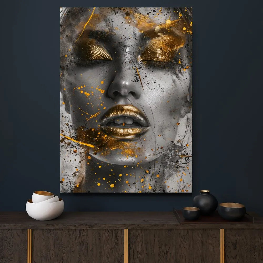 Touteladeco / Toile / Tableau / tableau femme dorée / art contemporain noir et or / décoration glamour / portrait féminin moderne / toile murale élégante