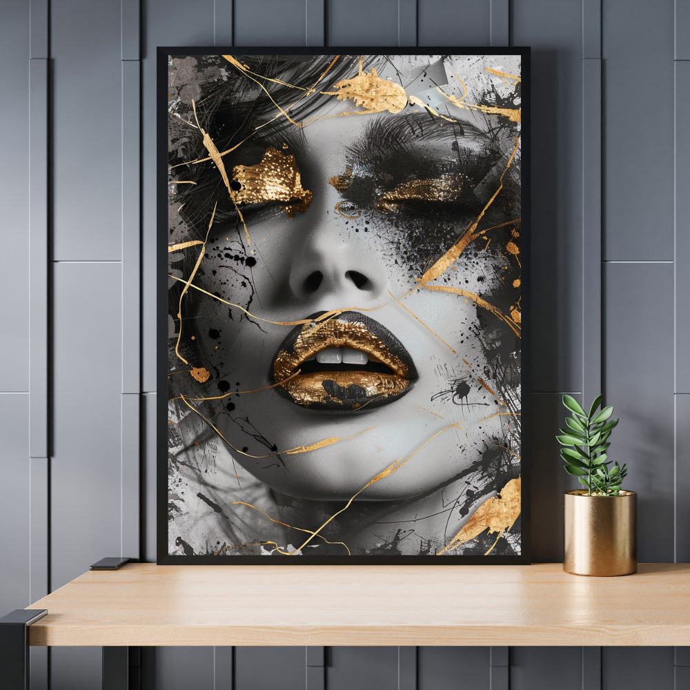 Touteladeco / Toile / Tableau / tableau femme / portrait or noir / art mural glamour / bouche dorée / femme élégante / street art moderne / toile décorative urbaine