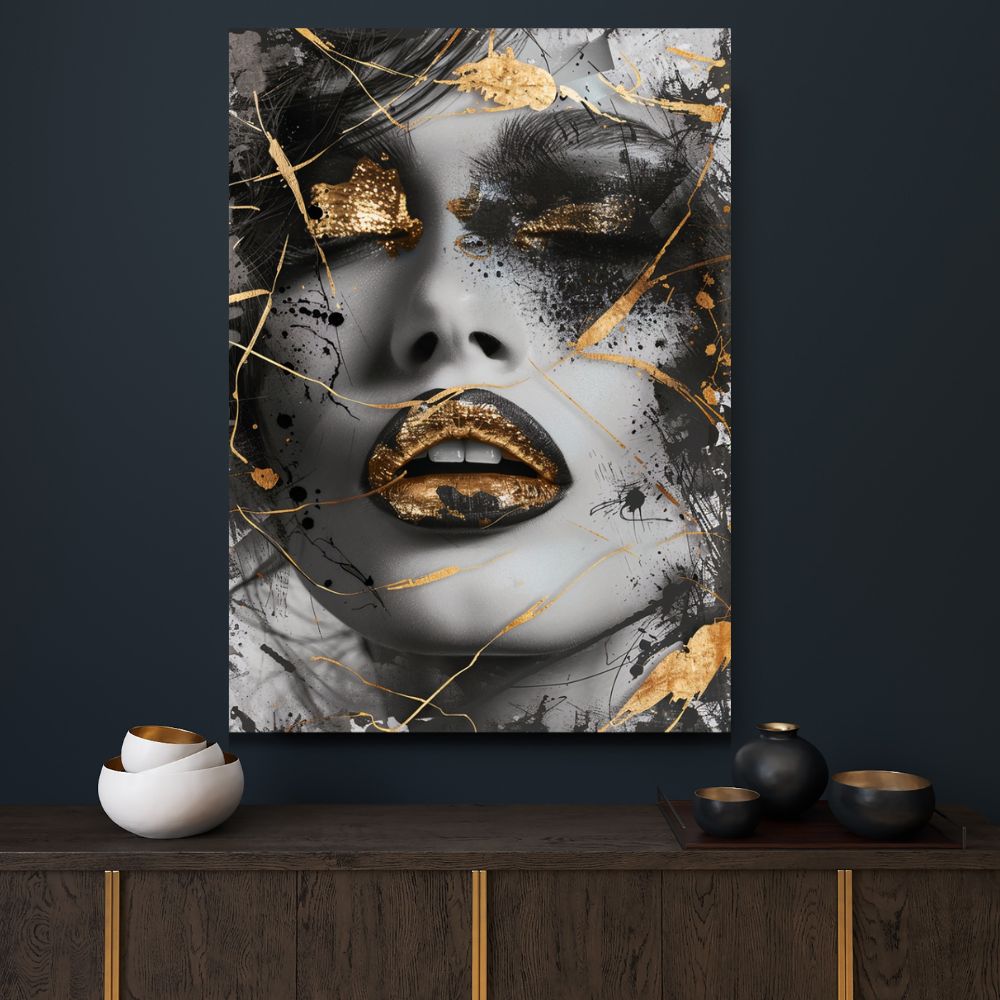 Touteladeco / Toile / Tableau / tableau femme / portrait or noir / art mural glamour / bouche dorée / femme élégante / street art moderne / toile décorative urbaine