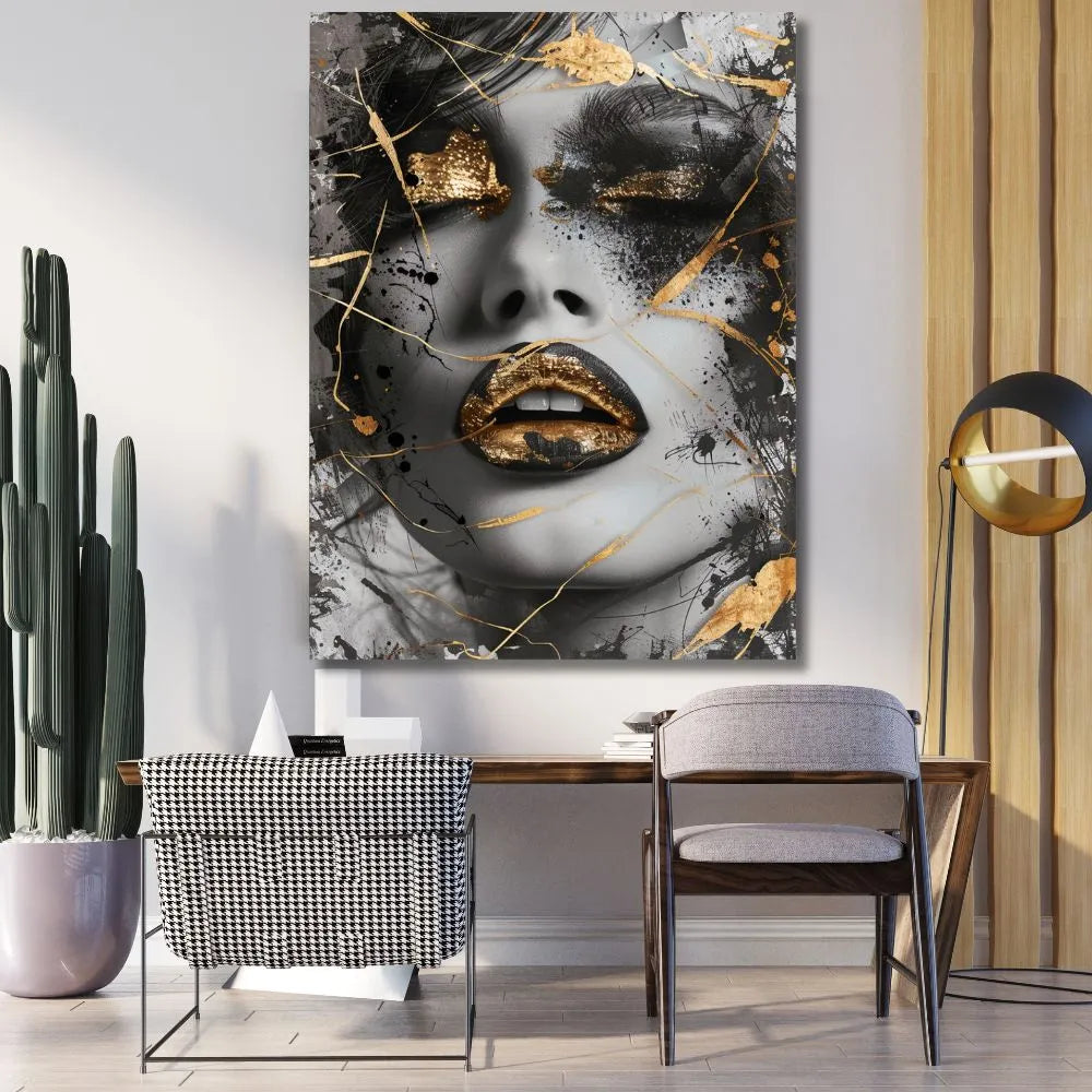 Touteladeco / Toile / Tableau / tableau femme / portrait or noir / art mural glamour / bouche dorée / femme élégante / street art moderne / toile décorative urbaine