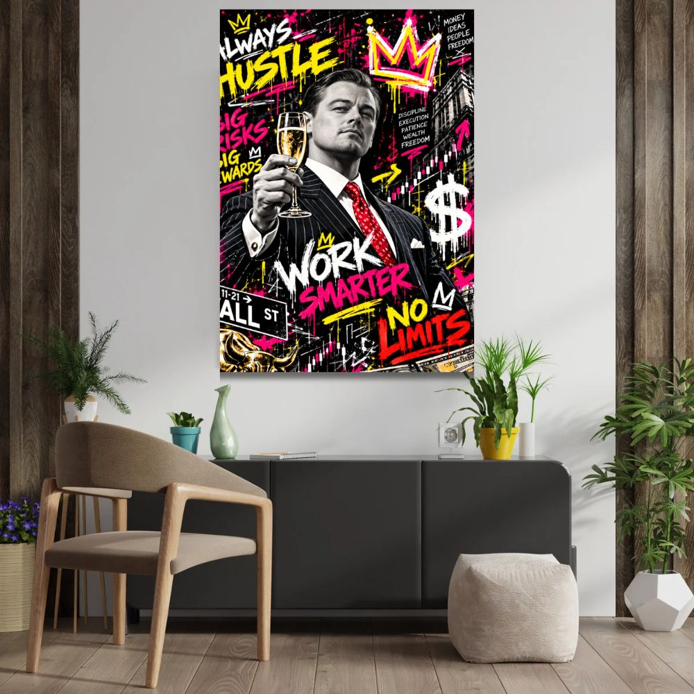 Tableau Street Art Leonardo DiCaprio inspiré du Loup de Wall Street, portrait noir et blanc avec champagne, graffitis roses et jaunes, dollar et symboles boursiers.
