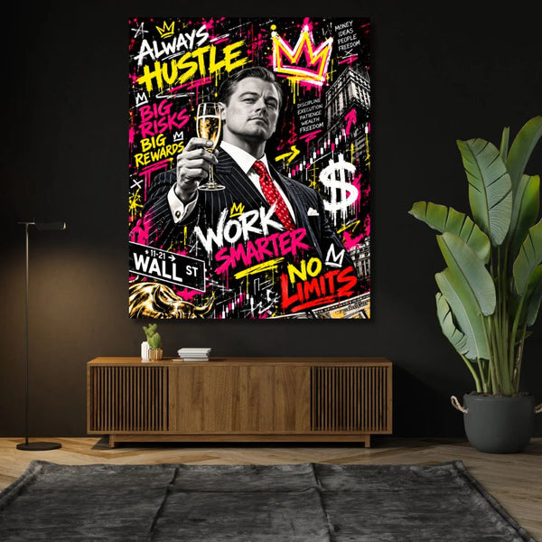 Tableau Street Art Leonardo DiCaprio inspiré du Loup de Wall Street, portrait noir et blanc avec champagne, graffitis roses et jaunes, dollar et symboles boursiers.