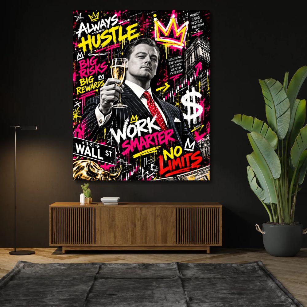Tableau Street Art Leonardo DiCaprio inspiré du Loup de Wall Street, portrait noir et blanc avec champagne, graffitis roses et jaunes, dollar et symboles boursiers.