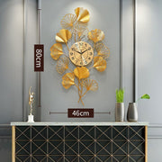 Horloge murale américaine de luxe, décoration de salon, créative, feuille de ginkgo atmosphérique.
